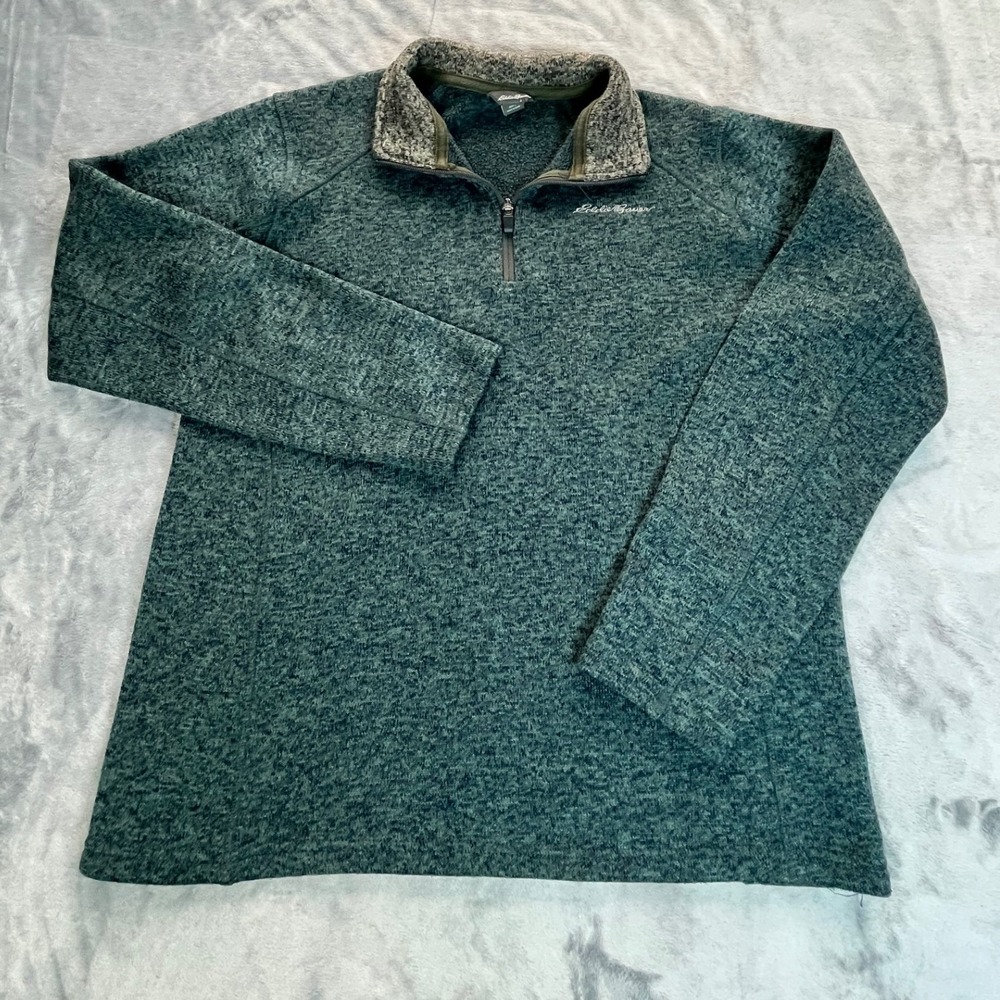 Eddie Bauer Mens Large Quarter Zip Pullover Sweater Green Heathered Fleece Lined